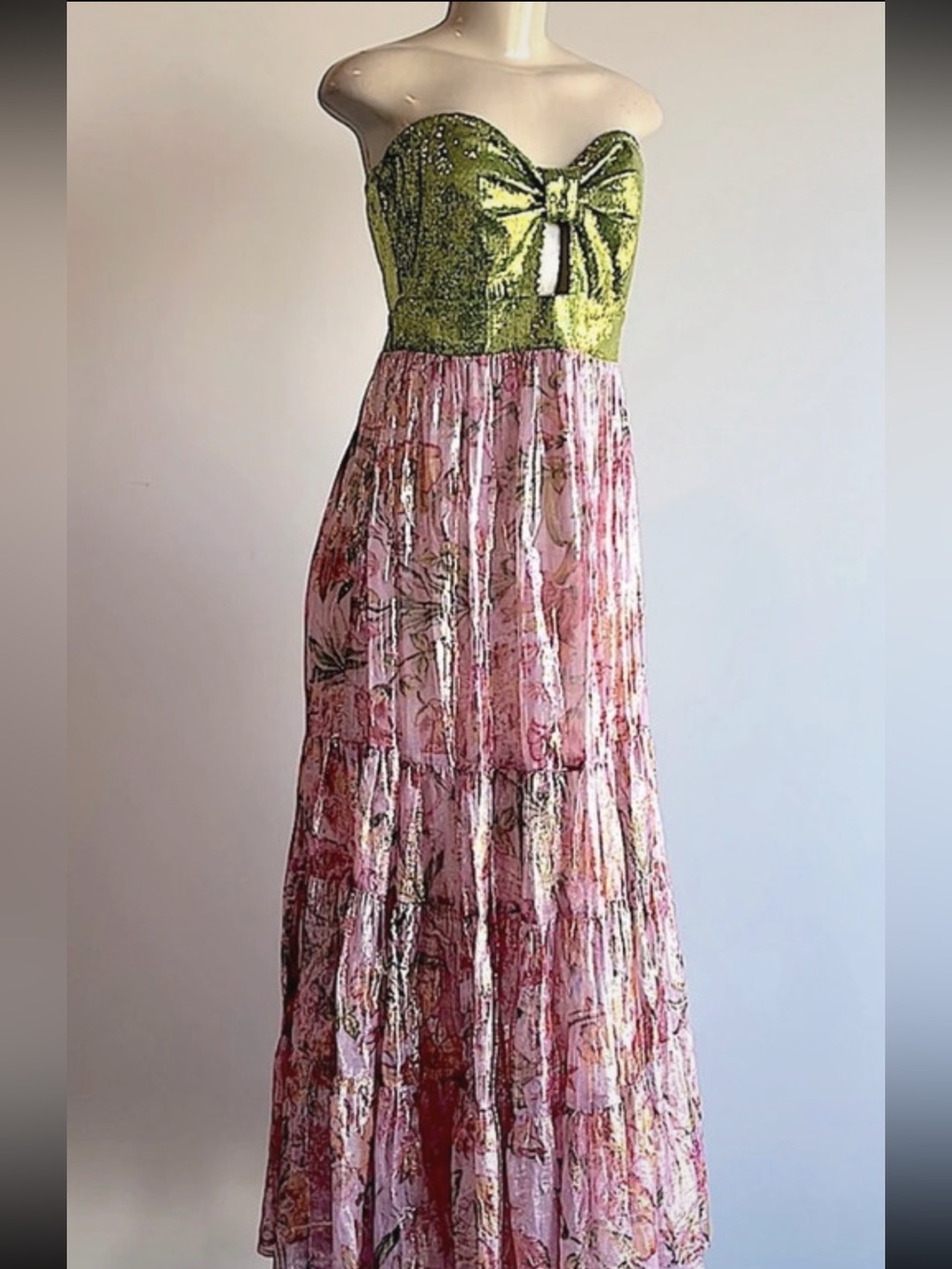 Strapless Green Sequin Bodice with Pink Floral Maxi Skirt